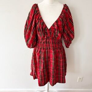 Old Navy Women Plaid Puff Sleeve Dress XL Milkmaid Cottage Peasant Preppy Cotton